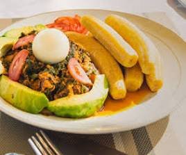 PLANTAIN/ YAM WITH PALAVA  SAUCE WITH FISH AND MEAT